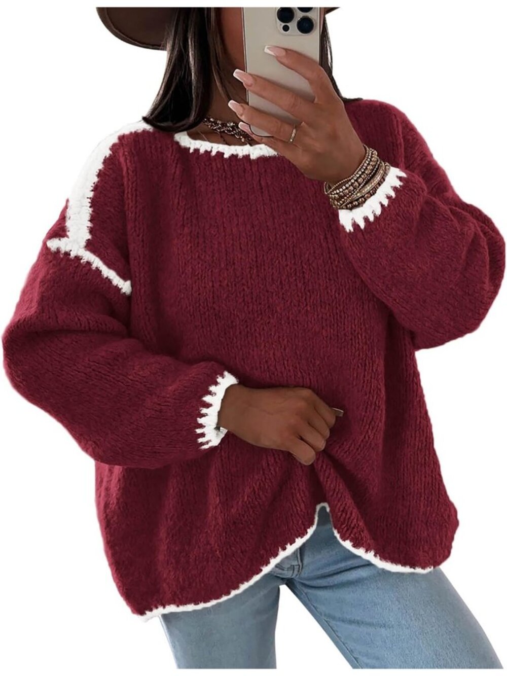 Women's Burgundy Long Sleeve Crew Neck Casual Loose Cozy Chunky Knit Sweaters